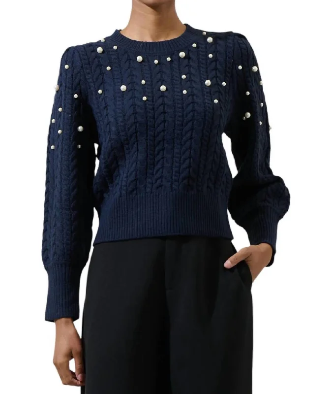 Pearl Top Sweater In Navy