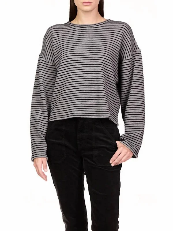 Textured Ottoman Popover Sweater In Heather Grey With Black Stripes