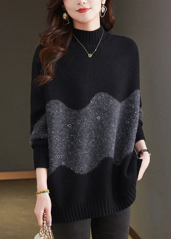 Italian Black Turtleneck Patchwork Thick Wool Knit Sweaters Winter