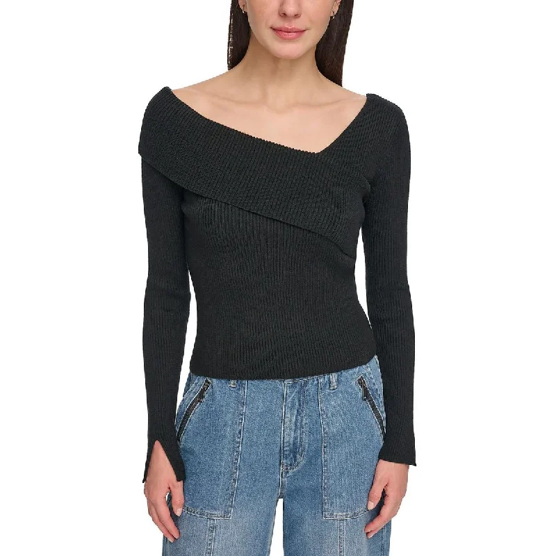 DKNY Jeans Womens Ribbed Asymmetrical Neck Pullover Sweater