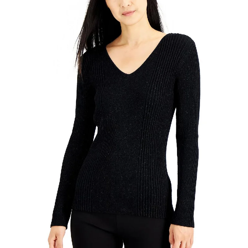 Alfani Womens Ribbed Metallic V-Neck Sweater