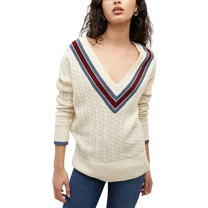 Veronica Beard Womens Cable-Knit Ribbed Trim V-Neck Sweater