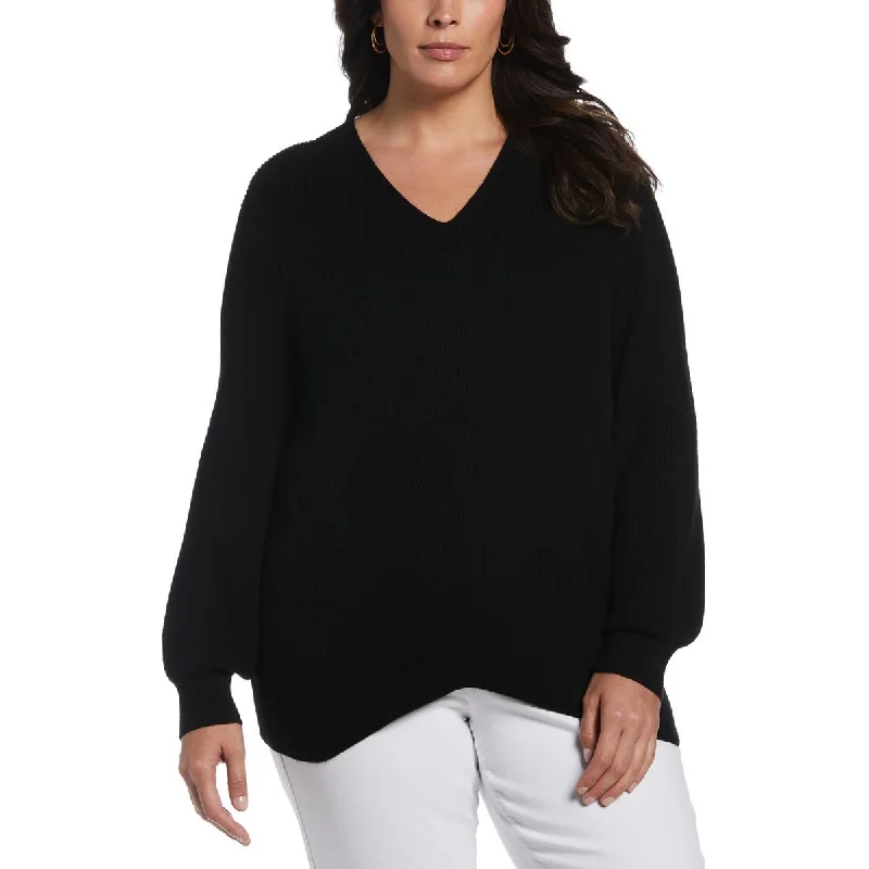 Ella Rafaella Womens Plus Ribbed Knit V-Neck Sweater