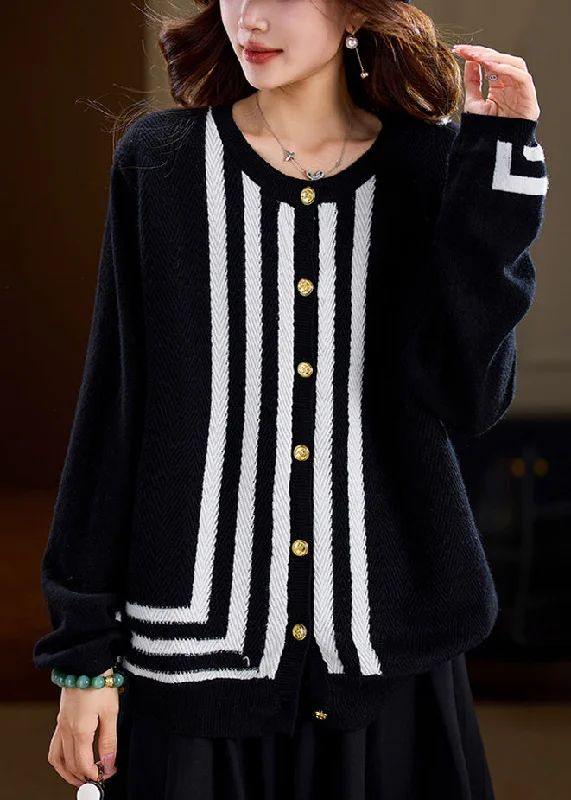 French Black Striped Patchwork Woolen Sweaters Spring