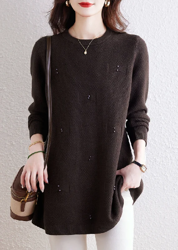 Natural Coffee O-Neck Nail Bead Solid Cotton Knit Sweaters Winter