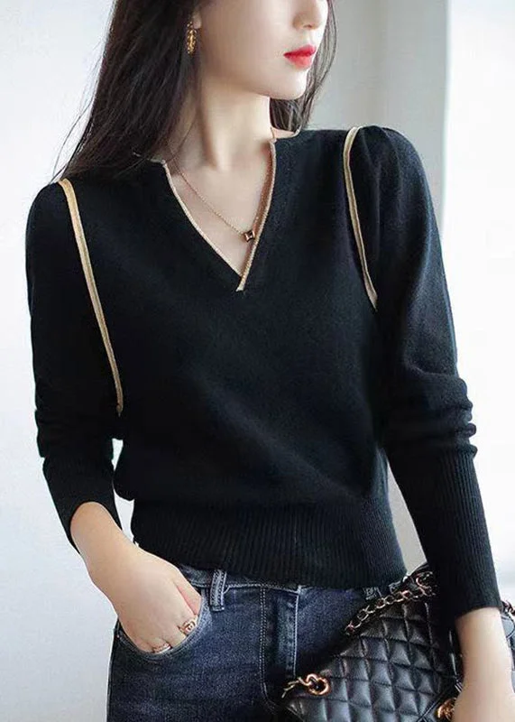 Soft Comfort Wear French Black V Neck Patchwork Cozy Knit Tops Fall