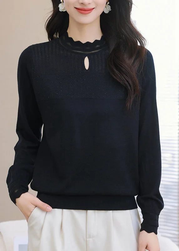 Modern Black Ruffled Thick Patchwork Wool Knit Sweater Winter