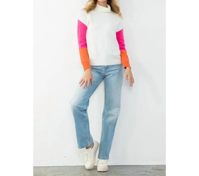 Colorblock Sleeve Knit Sweater In Cream