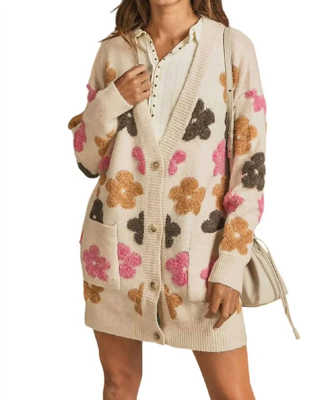 Royce Retro Flower Embroidery V-Neck Cardigan In Oatmeal