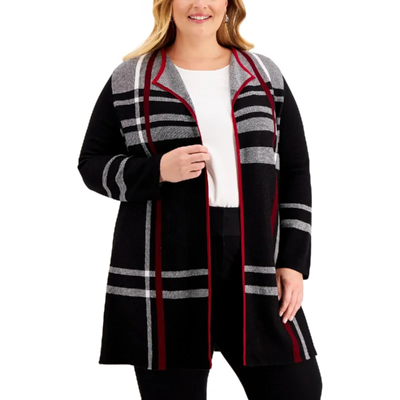 Kasper Womens Plus Plaid Wing Collar Cardigan Sweater