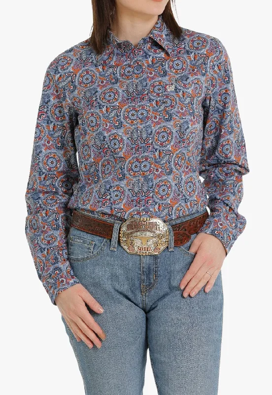 Chic Lounge Cinch Womens Medallion Button Down Long Sleeve Shirt