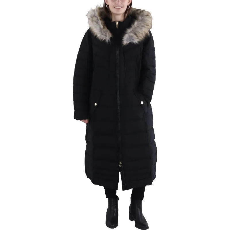 Cozy Fitting Laundry by Shelli Segal Womens Plus Faux Fur Trim Hooded Long Coat
