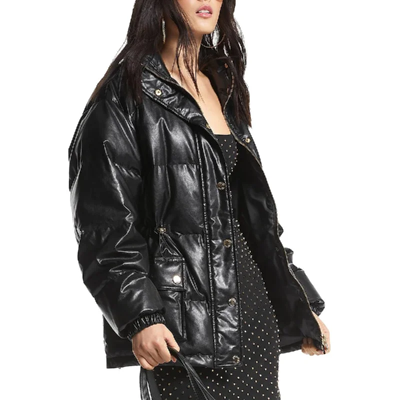 Cozy Layers MICHAEL Michael Kors Womens Faux Leather Cold Weather Puffer Jacket