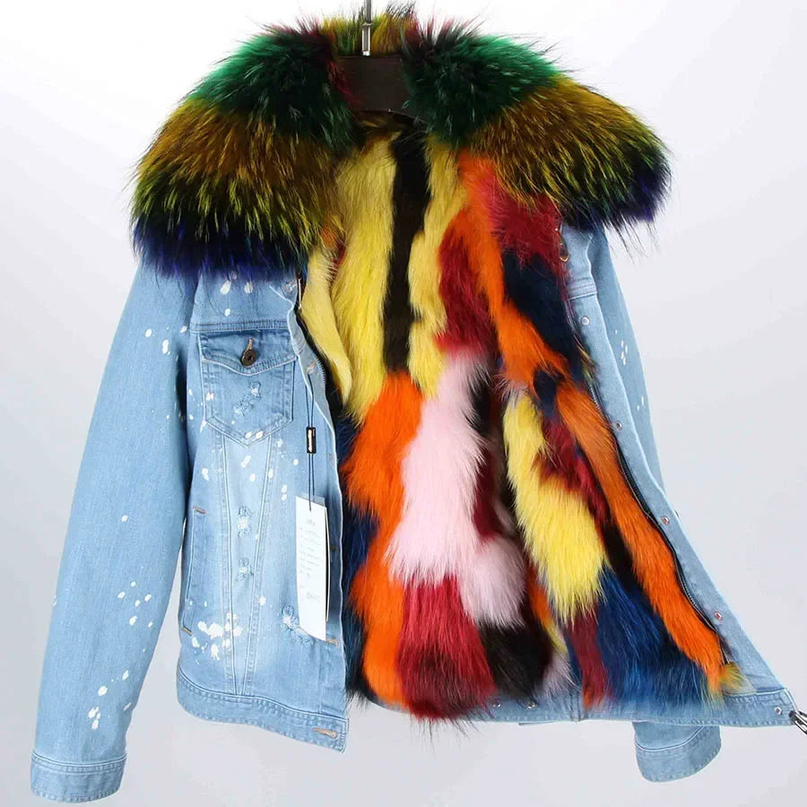Soft Knitwear Women's Real Fox Fur Lined Large Raccoon Fur Collar Winter Denim Jacket