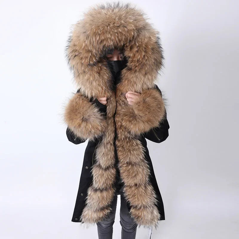 Effortless Looks Women's Winter Warm Polyester Real Fox Fur Hooded Collar Jacket