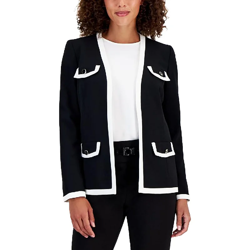 Modern Chic Kasper Womens Petites Contrast Trim Collarless Open Front