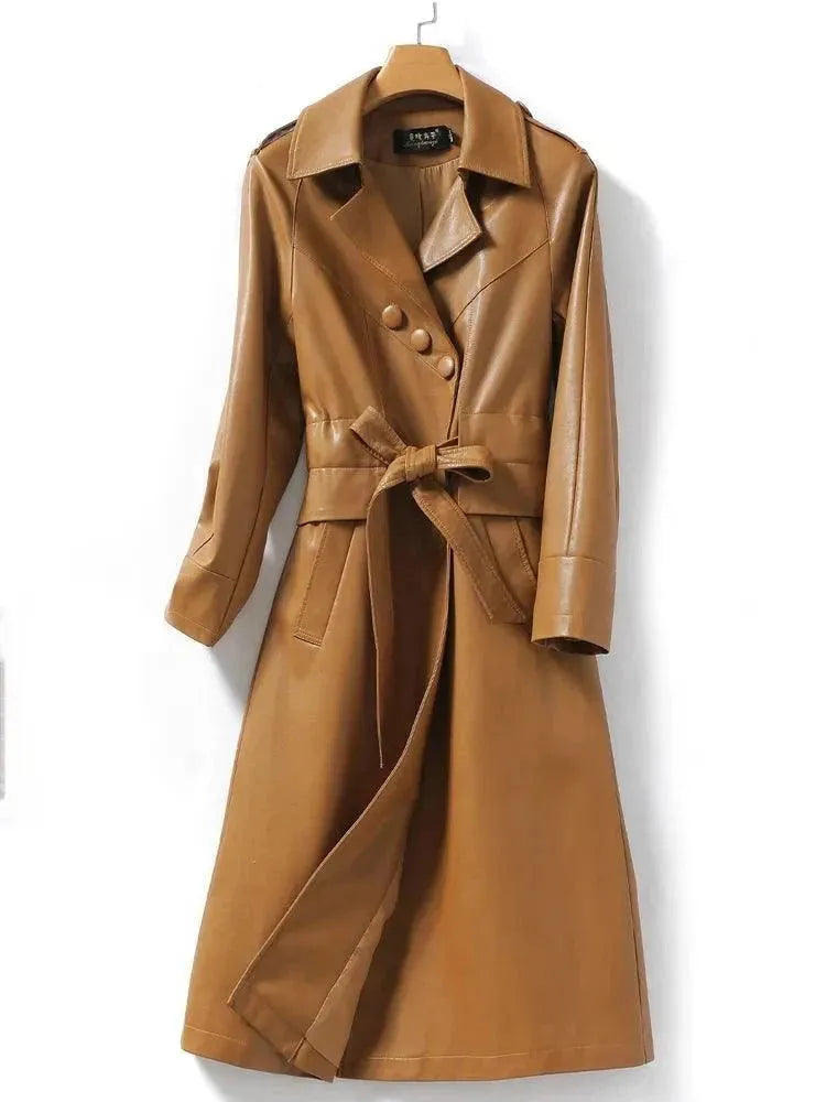 Soft Layers Women's Long Belted Leather Overcoat