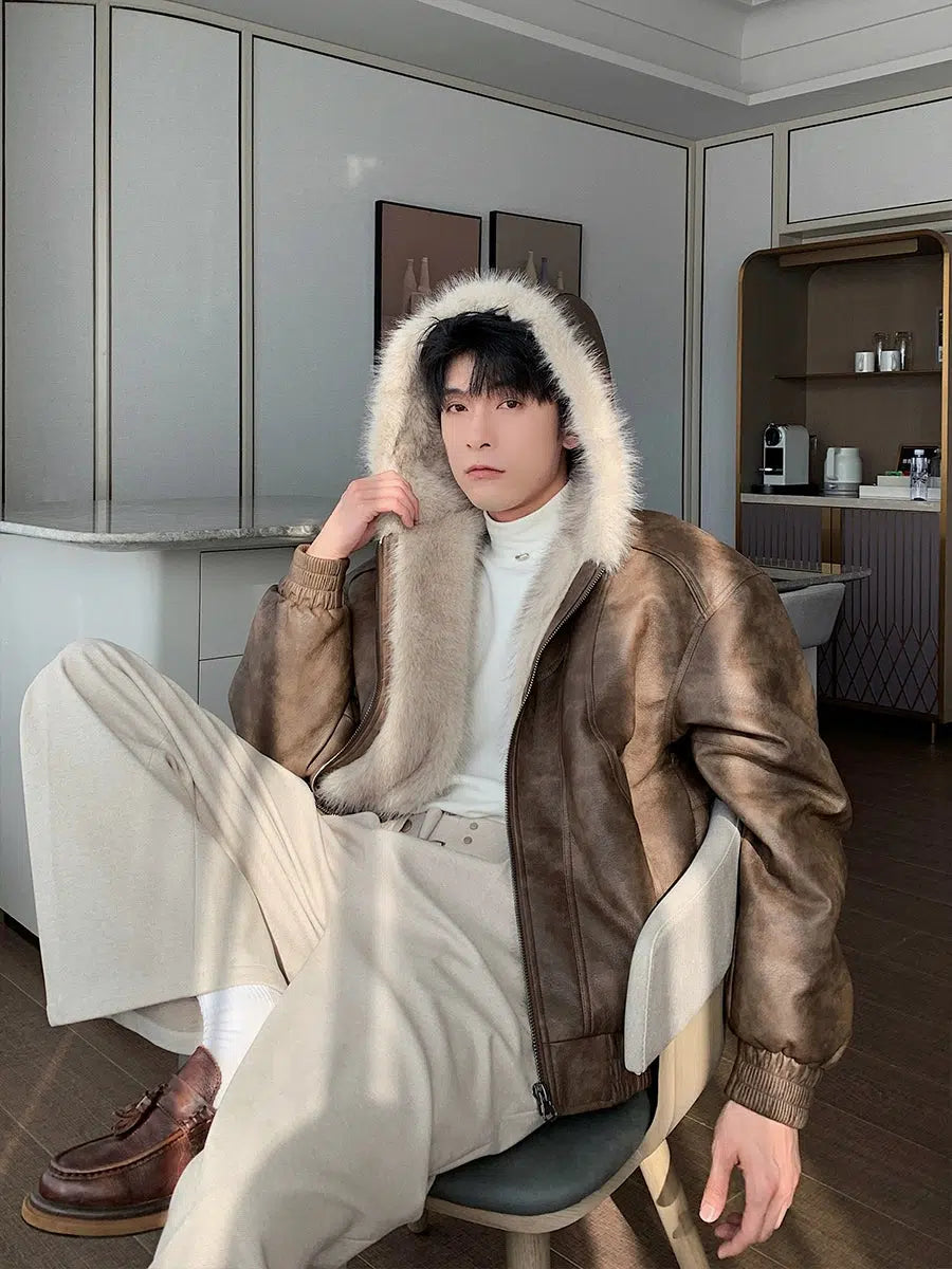Comfort Fit Hooded Faux Fur Leather Jacket