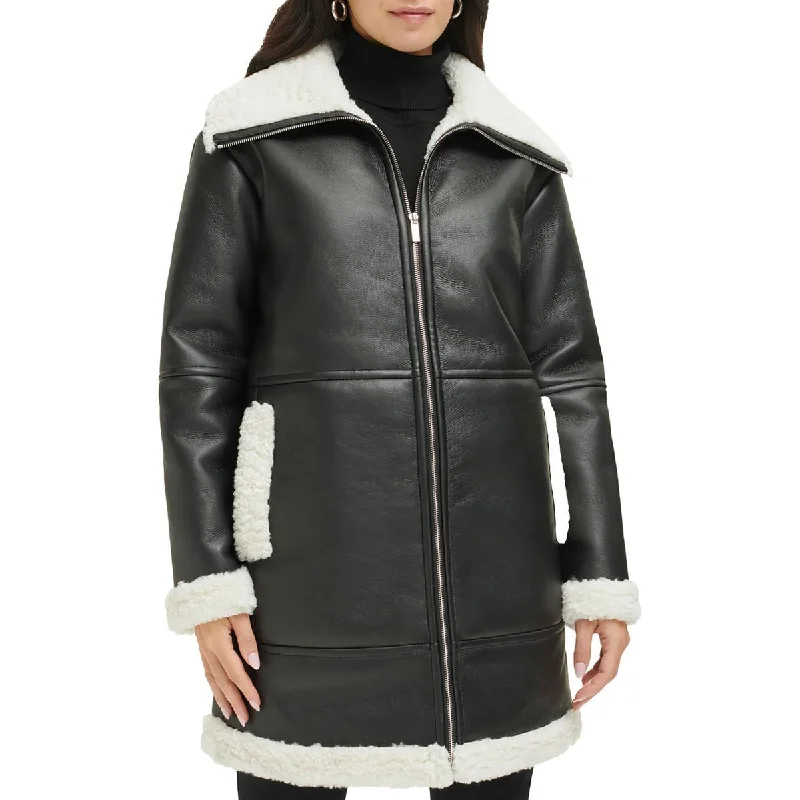 Stretch Design Calvin Klein Womens Faux Leather Faux Fur Motorcycle Jacket