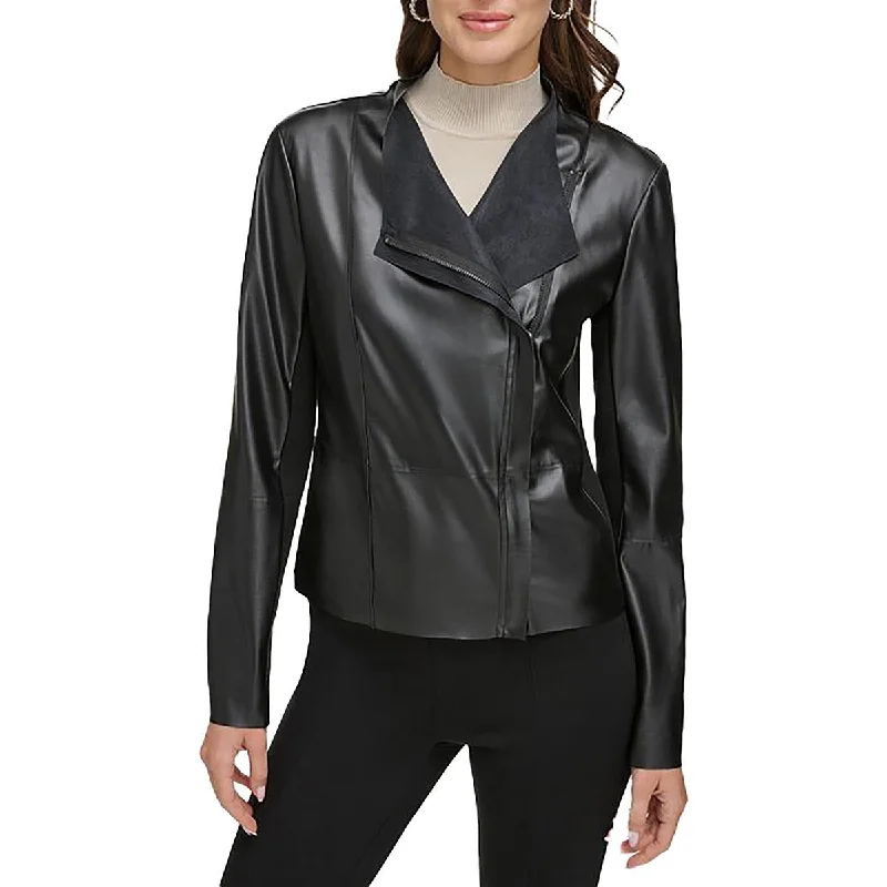 DKNY Womens Faux Leather Short Motorcycle Jacket