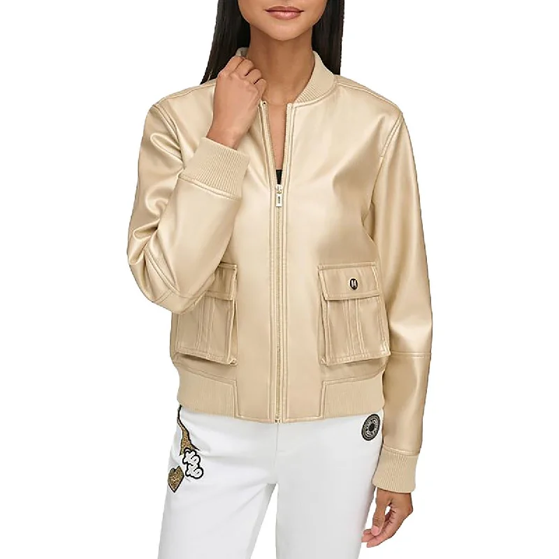 Karl Lagerfeld Paris Womens Faux Leather Lightweight Bomber Jacket