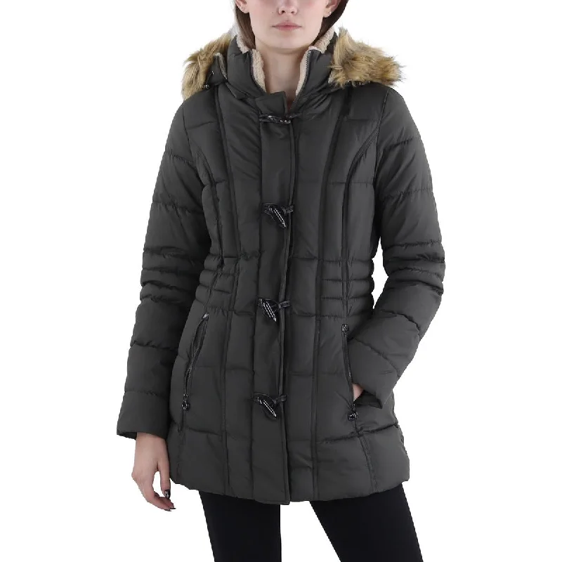 Laundry by Design Womens Faux Fur Trim Hooded Puffer Jacket