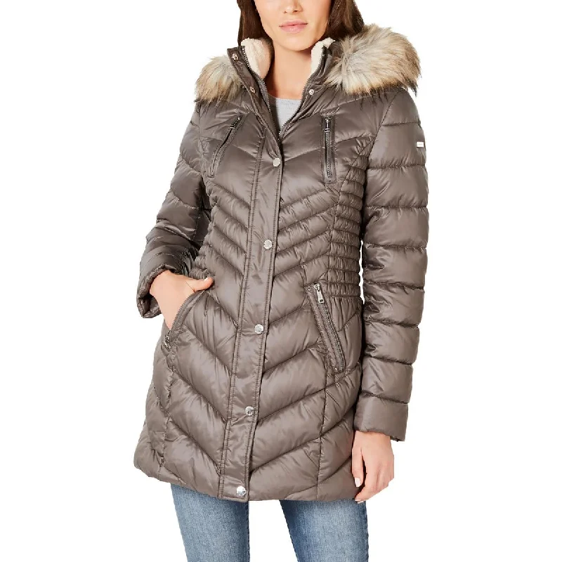 Laundry by Shelli Segal Womens Faux Fur Trim Hooded Puffer Jacket