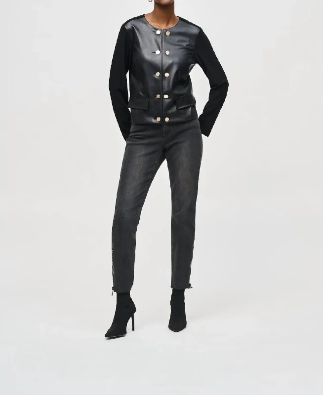 Relaxed Tops Silky Knit & Faux Leather Jacket In Black