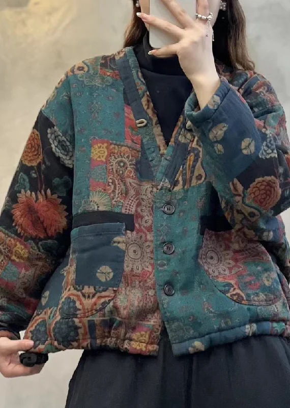 Soft Layers Vintage Green V Neck Pockets Print Fine Cotton Filled Jackets Spring