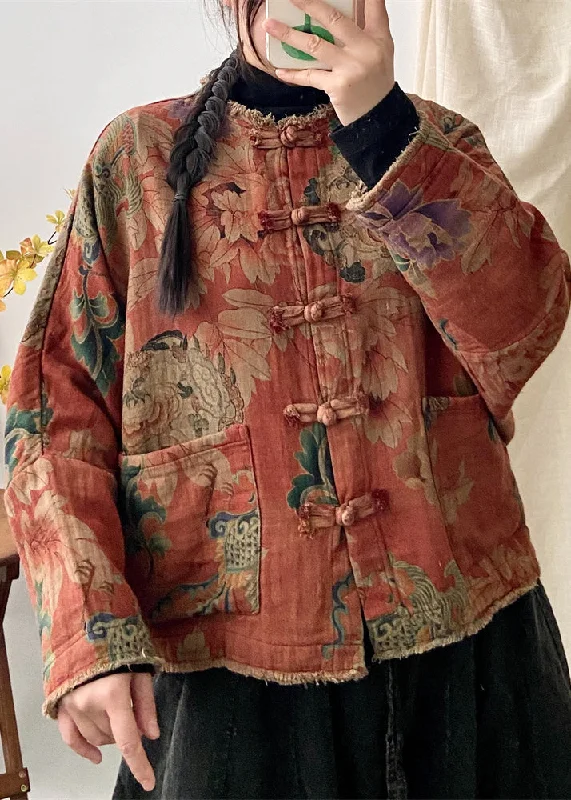Noble And Elegant Vintage Orange Print Pockets Chinese Button Patchwork Cotton Coat Fall Noble And Elegant Vintage Orange Print Pockets Chinese Button Patchwork Cotton Coat Fall