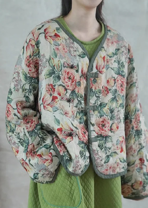 Cozy Lifestyle Vintage Photo Color Print Button Fine Cotton Filled Short Coat Spring