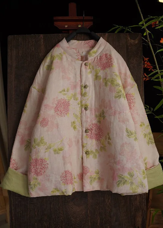 Comfortable Fashion Looks Vintage Pink O Neck Print Fine Cotton Filled Coats Long Sleeve