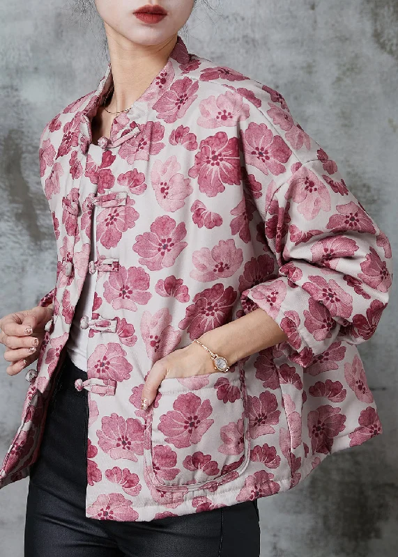 Layered Comfort Vintage Pink Print Fine Cotton Filled Oriental Coats Spring