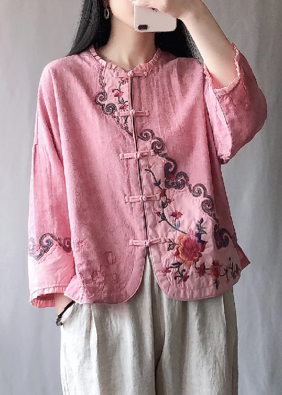 Cozy Lounge Wear Vintage Pink Ruffled Embroideried Chinese Button Cotton Short Coat Spring