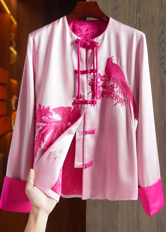 Classic And Versatile Vintage Pink Tasseled Embroideried Patchwork Silk Coat Fall