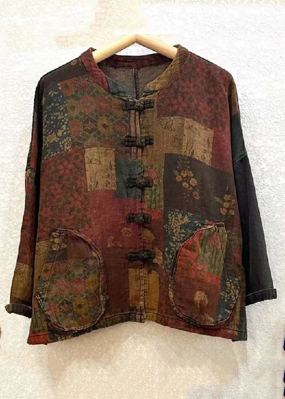 Cozy Fit Wear Vintage Print Button Patchwork Cotton Coat Long Sleeve