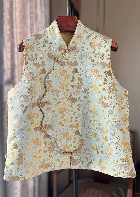 Weekend Comfort Wear Vintage Print Stand Collar Button Cotton Waistcoat Sleeveless