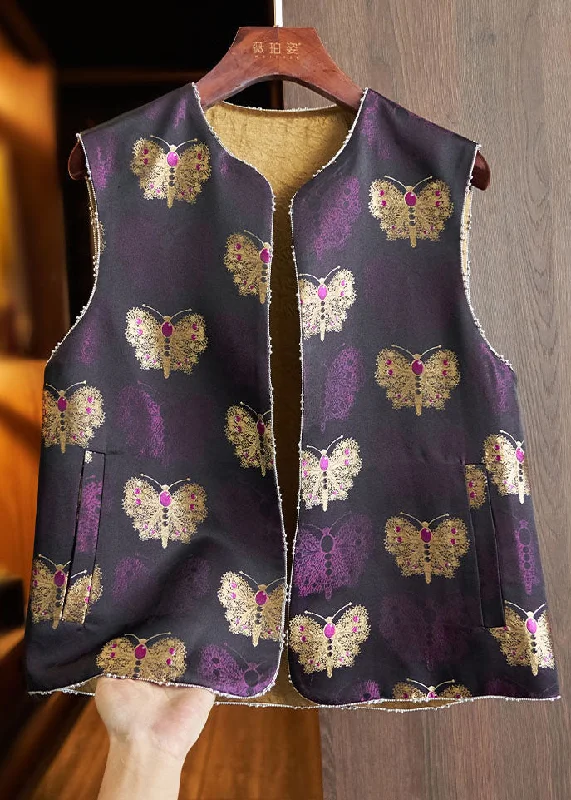 Retro Fashion Vintage Purple Embroideried Nail Bead Silk Waistcoat Fall