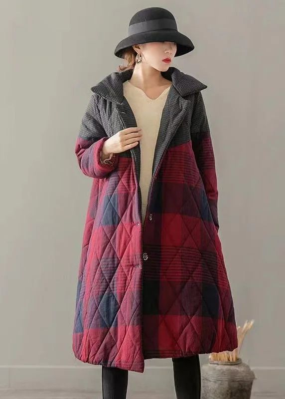 High Street Series Vintage Red Pockets Plaid Patchwork Fine Cotton Filled Coats Winter