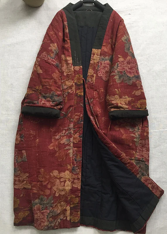 Trendy Dresses Vintage Red V Neck Print Fine Cotton Filled Long Coat Spring