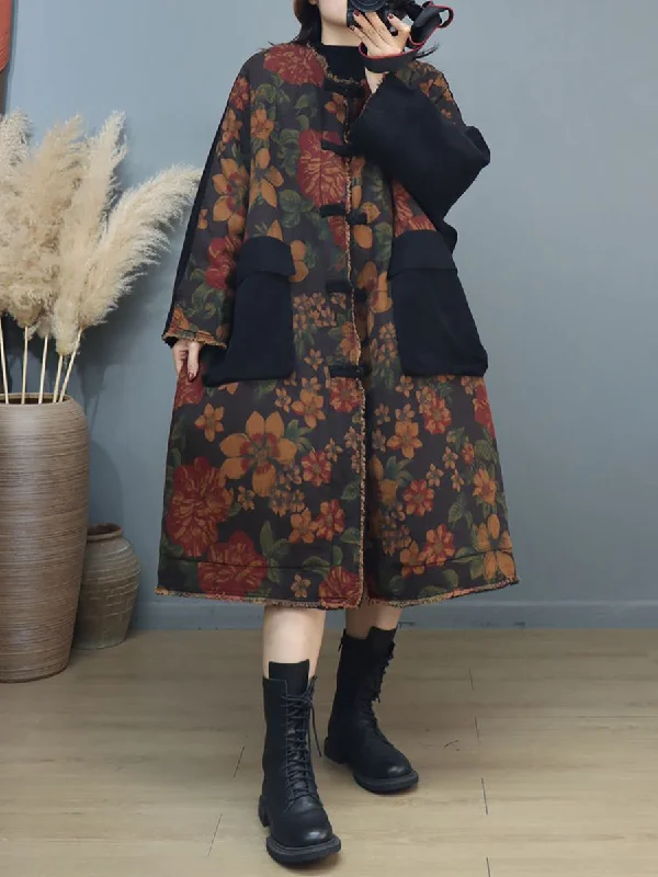 Exquisite Fabrics Vintage Winter Floal Spliced Hooded Padded Coat Long Sleeve