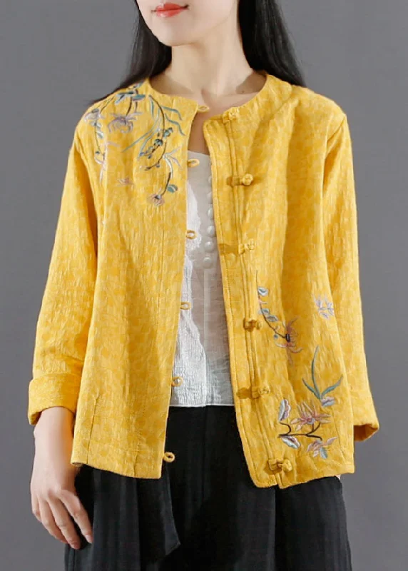 Personalized Wear Vintage Yellow Embroideried Button Patchwork Cotton Coats Fall