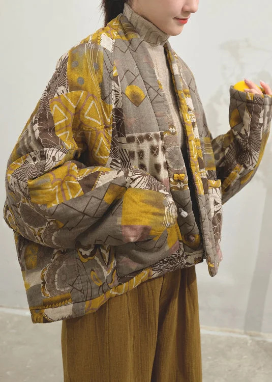 Playful Style Vintage Yellow Print Pockets Patchwork Fine Cotton Filled Jackets Batwing Sleeve Playful Style Vintage Yellow Print Pockets Patchwork Fine Cotton Filled Jackets Batwing Sleeve