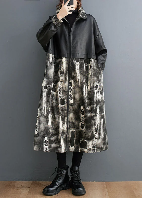 Elegant Fit Vogue Black Stand Collar Print Faux Leather Patchwork Long Trench Coats Long Sleeve Elegant Fit Vogue Black Stand Collar Print Faux Leather Patchwork Long Trench Coats Long Sleeve