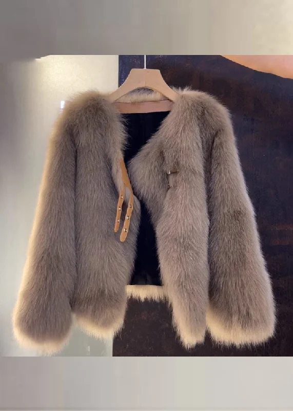 Relaxed Clothing Vogue Brown V Neck Leather And Fur Coats Fall