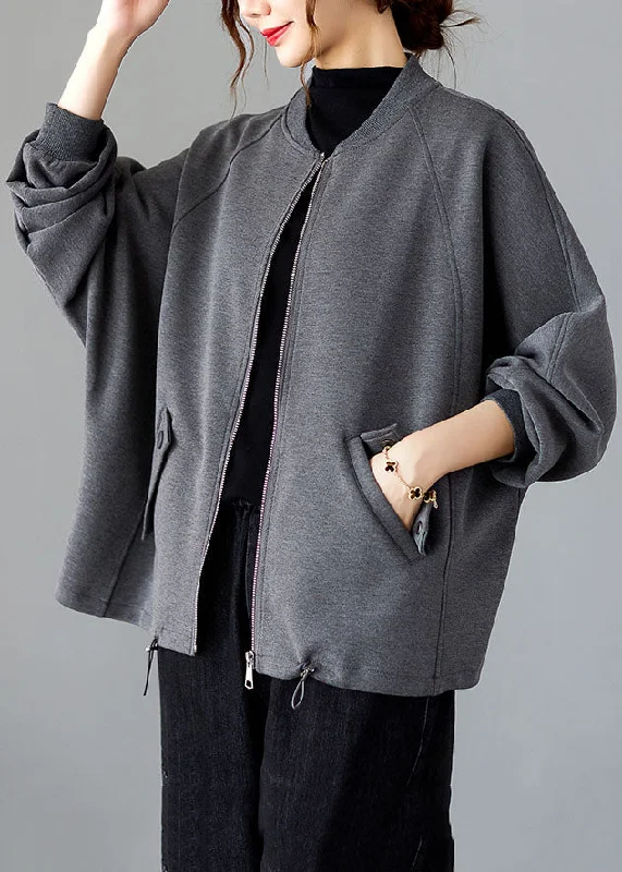 Easy Chic Wear Vogue Grey O-Neck Patchwork Drawstring Coat Long Sleeve