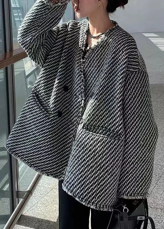 Warm Chic Vogue V Neck Pockets Plaid Coats Fall