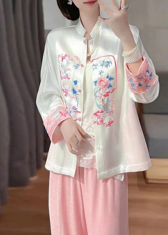 White Oriental Silk Coat Mandarin Collar Embroideried Spring