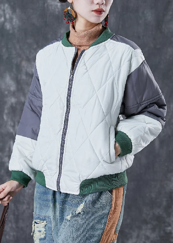 Relaxed Tops White Patchwork Fine Cotton Filled Winter Coats Zip Up Pockets Winter