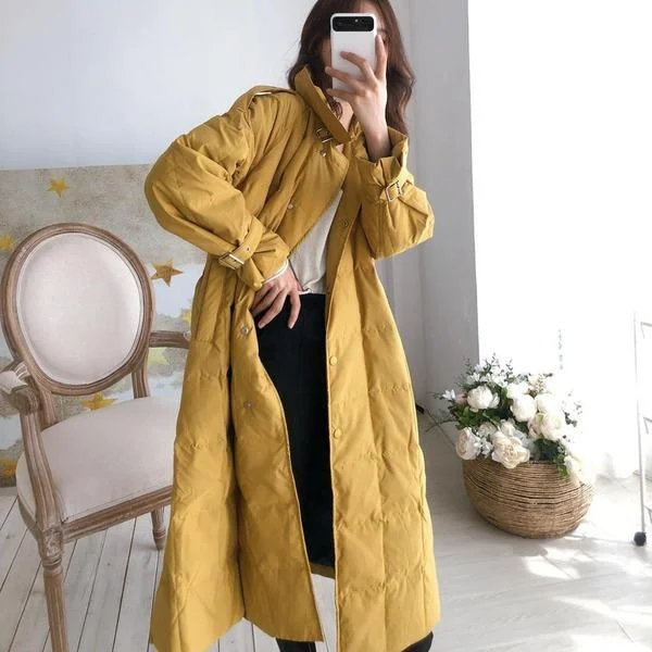 Layered Style Winter Elegant New Lapel White Duck Down Jacket Women Over The Knee Fashion  Clothing